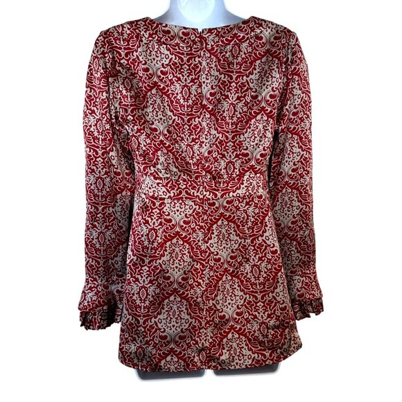 Boho Romantic Chic Sundance Tunic Top Petite Size 2 Red Gray Silk Empire Waist - Picture 3 of 9